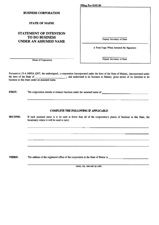 Form Mbca-5 - Statement Of Intention To Do Business Under An Assumed Name Printable pdf