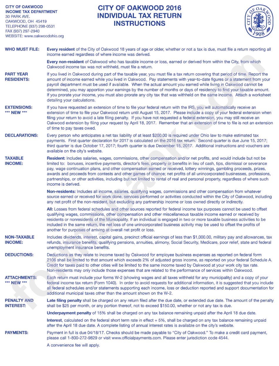 Individual Tax Return Instructions City Of Oakwood 2016 printable