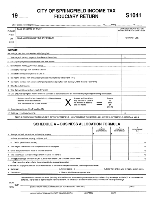 Form S1041 - Income Tax Fiduciary Return - City Of Springfield Printable pdf