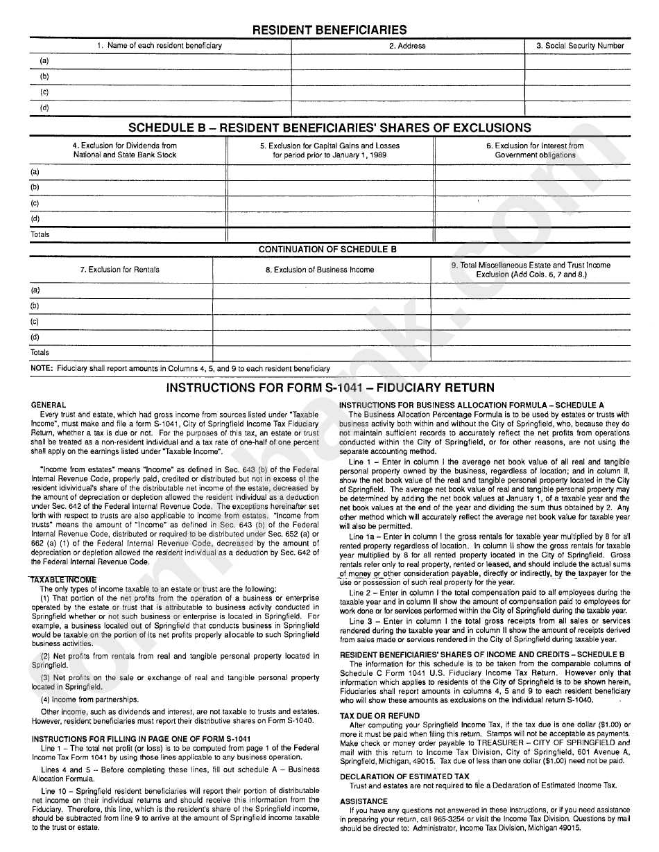 Form S1041 - Income Tax Fiduciary Return - City Of Springfield