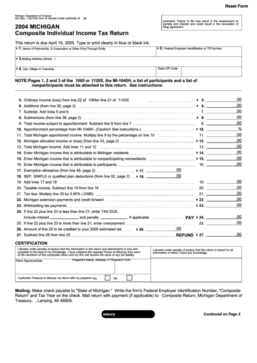 Fillable Form 807 - Michigan Composite Individual Income Tax Return - 2004 Printable pdf