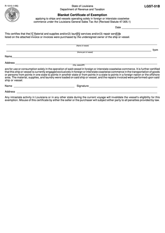 Fillable Form R-1010 - Blanket Certificate Of Exemption - 1995 Printable pdf