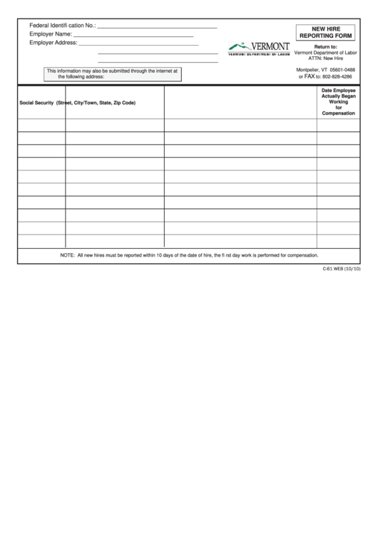 Form C-61 Web - New Hire Reporting Form - 2010 Printable pdf