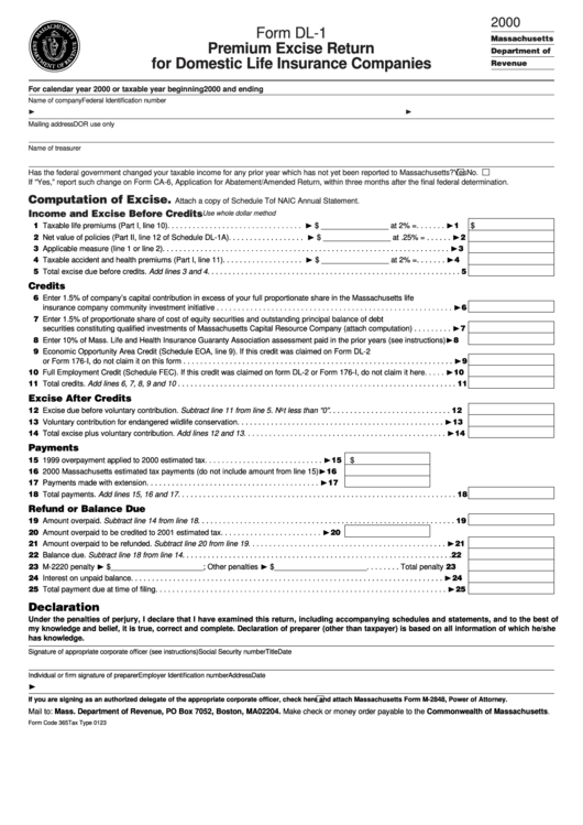 Fillable Form Dl-1 - Premium Excise Return For Domestic Life Insurance Companies - 2000 Printable pdf