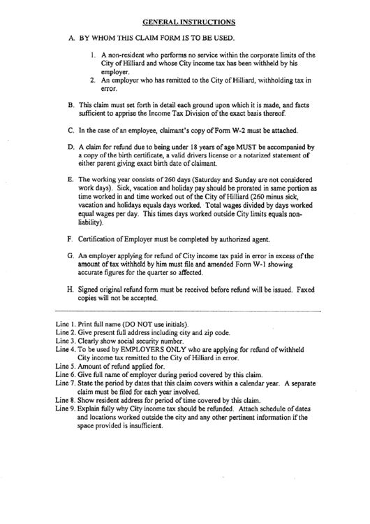 General Instructions For Claim Form - City Of Hilliard Printable pdf