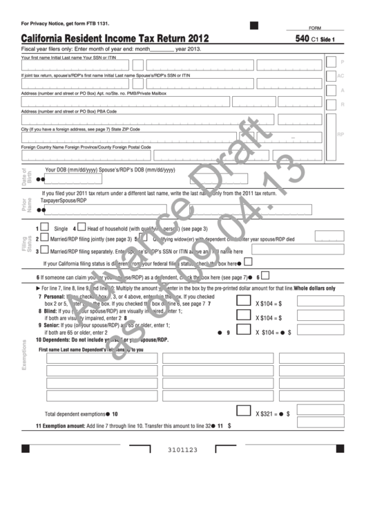 Form 540 C1 - Draft - California Resident Income Tax Return - 2012 Printable pdf