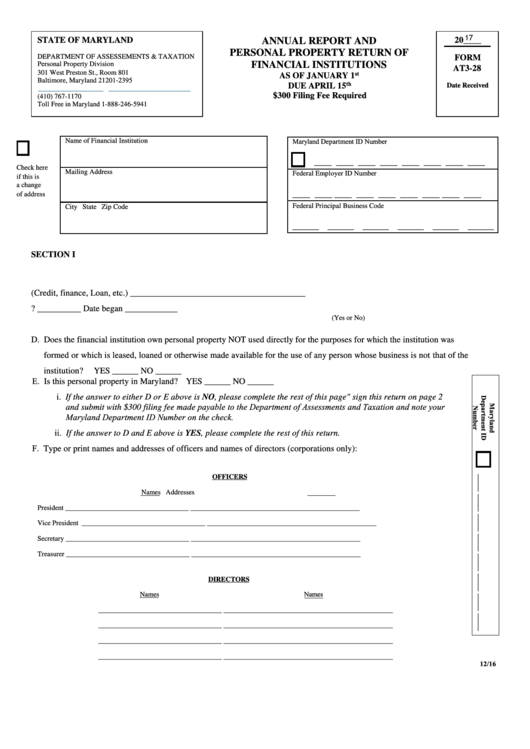 Fillable Form At3-28 - Annual Report And Personal Property Return Of Financial Institutions - 2017 Printable pdf
