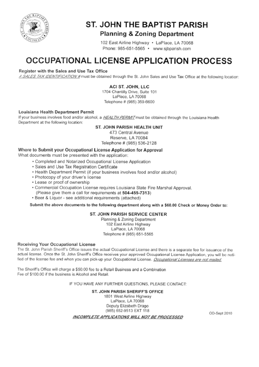 Occupational License Application Forms - St. John The Baptist Parish Printable pdf