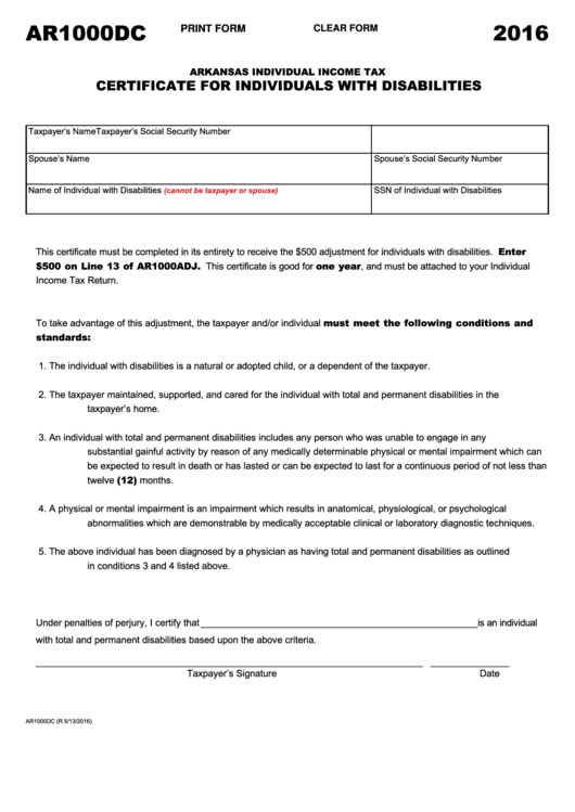 Fillable Form Ar1000dc - Arkansas Individual Income Tax Certificate For Individuals With Disabilities - 2016 Printable pdf