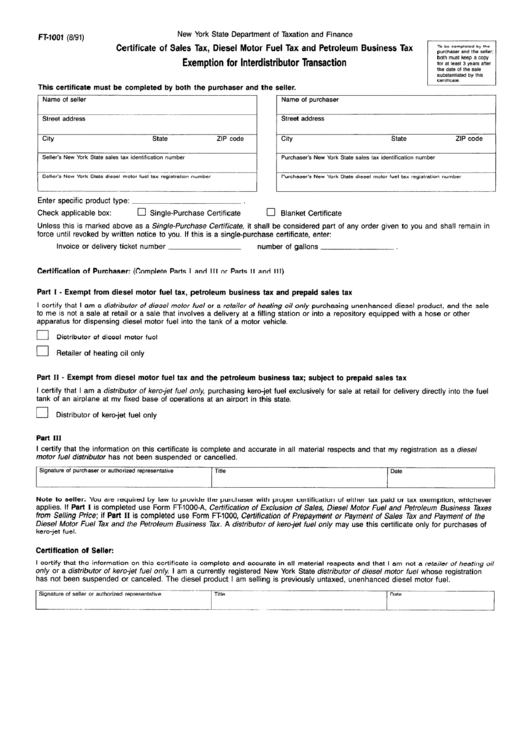 Form Ft1001 - Certificate Of Sales Tax, Diesel Motor Fuel Tax And Petroleum Business Tax - Exemption For Interdistributor Transaction Printable pdf