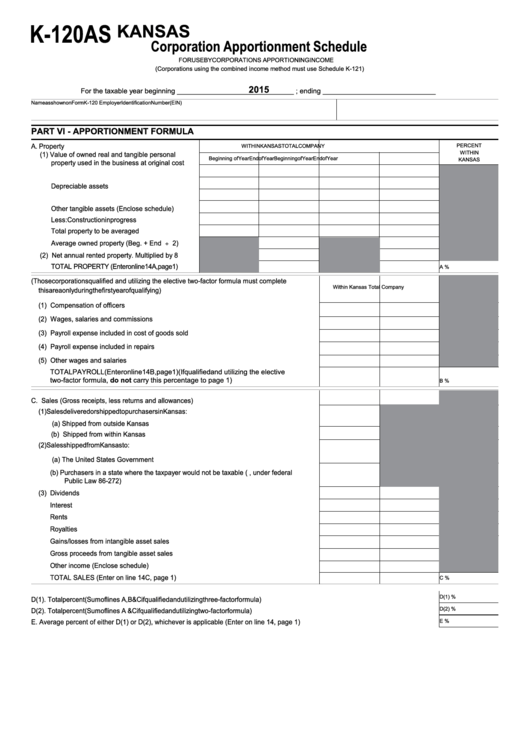 Fillable Form K-120as - Kansas Corporation Apportionment Schedule - 2015 Printable pdf