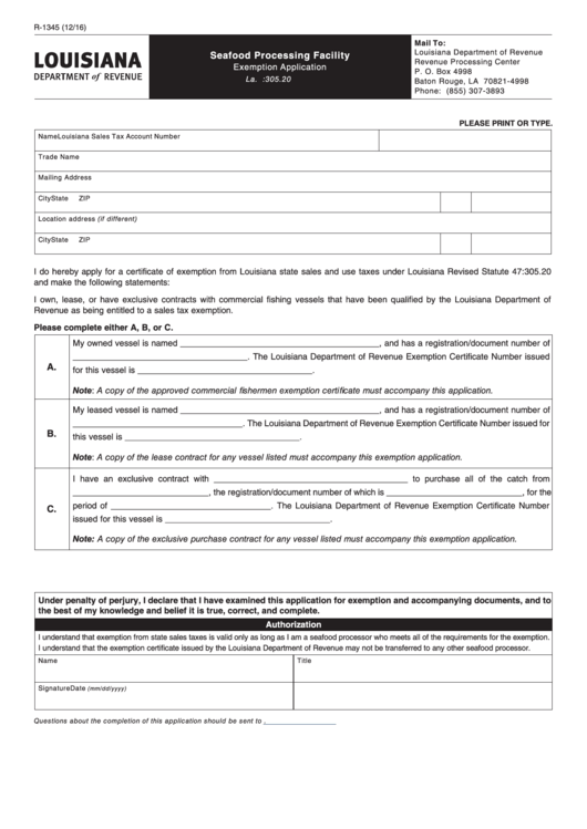 Form R-1345 - Seafood Processing Facility - Exemption Application - 2016