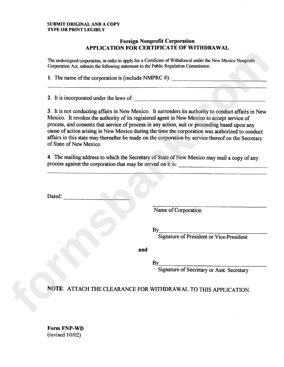 Form Fnp-Wd - Application For Certificate Of Withdrawal - Foreign Nonprofit Corporation