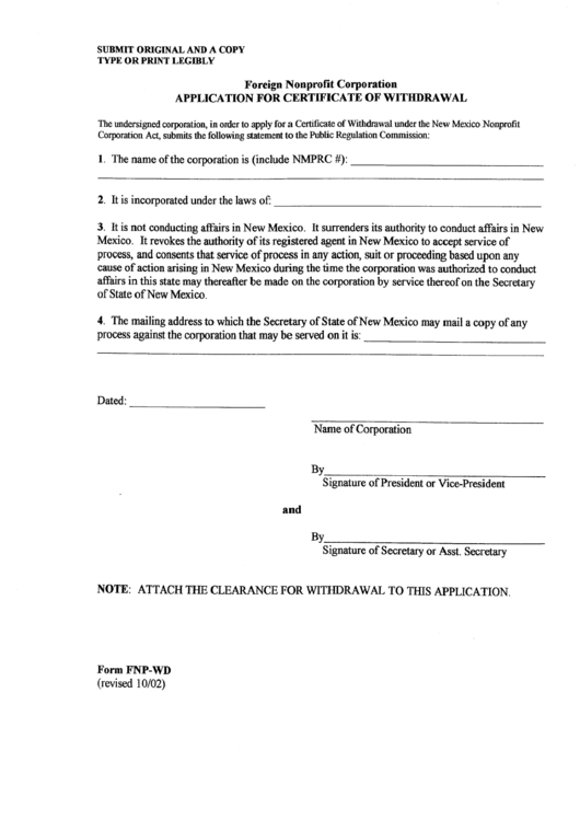 Form Fnp-Wd - Application For Certificate Of Withdrawal - Foreign Nonprofit Corporation Printable pdf