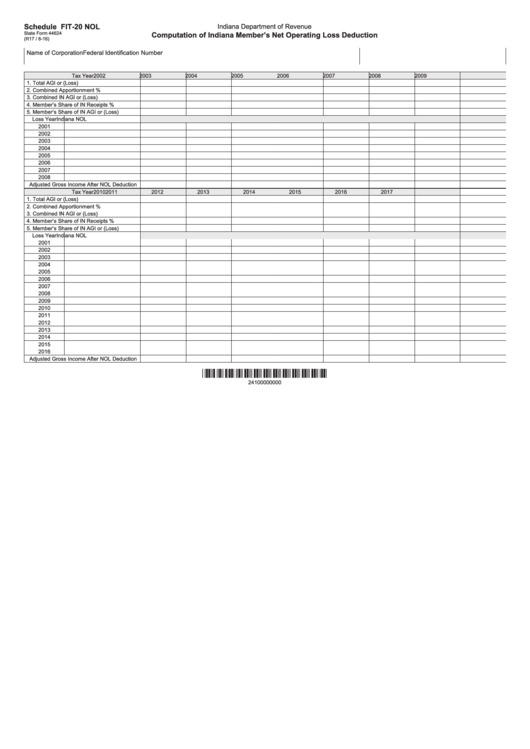 Fillable Form 44624 - Schedule Fit-20 Nol - Computation Of Indiana Member