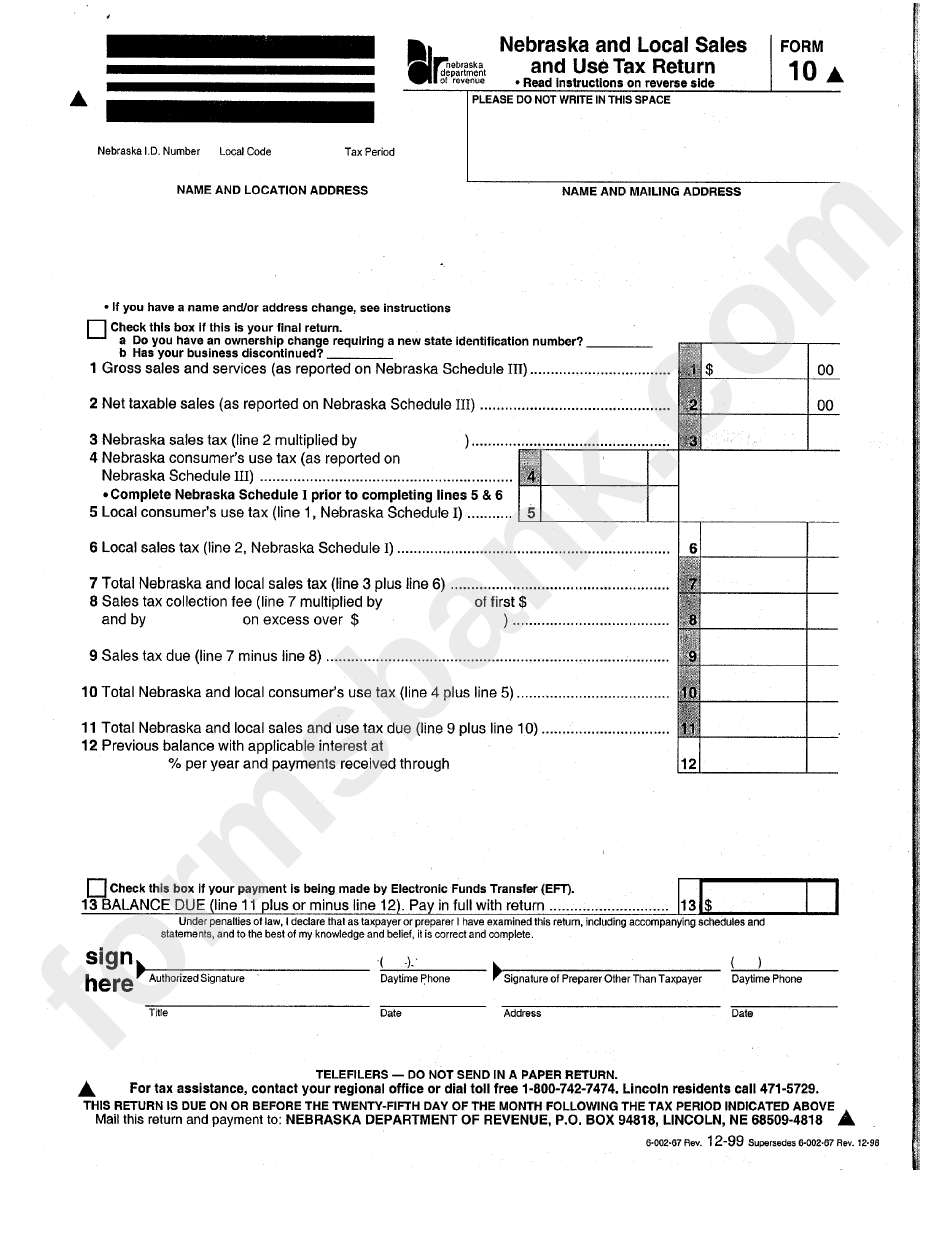 Form 10 Nebraska And Local Sales And Use Tax Return Printable Pdf 