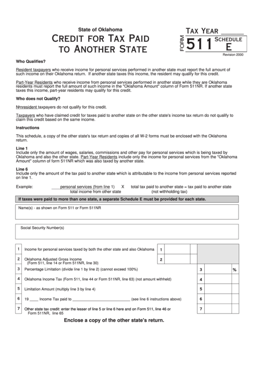 Form 511 - Schedule E - Credit For Tax Paid To Another State - 2000 Printable pdf