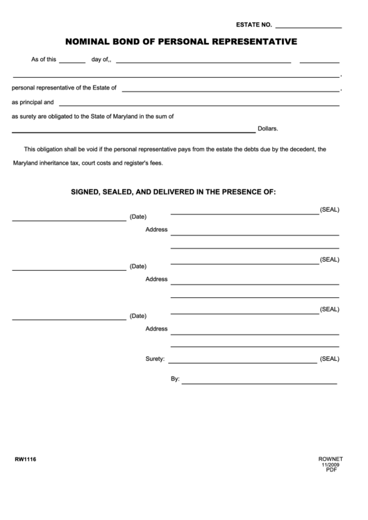Fillable Form Rw1116 - Nominal Bond Of Personal Representative Printable pdf