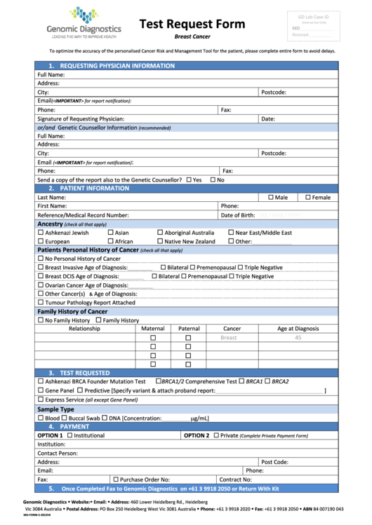 Test Request Form Printable pdf