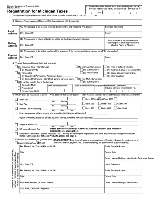 Form 518 - Registration For Michigan Taxes Printable pdf