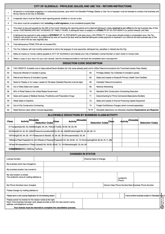 Privilege (Sales) And Use Tax - Return Instructions - City Of Glendale Printable pdf
