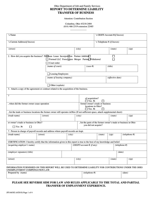 Fillable Form Jfs 66302 - Report To Determine Liability Transfer Of Business Printable pdf