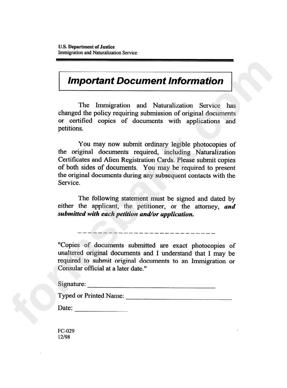 Form Fc-029 - Important Document Information