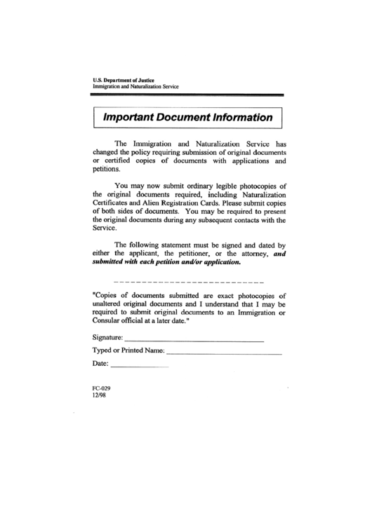 Fillable Form Fc-029 - Important Document Information Printable pdf