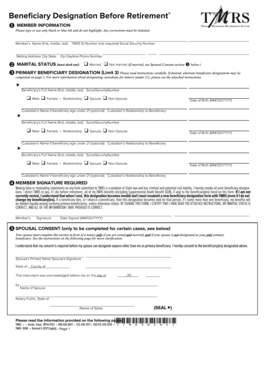 Fillable Form Tmrs -Bene - Beneficiary Designation Before Retirement Printable pdf
