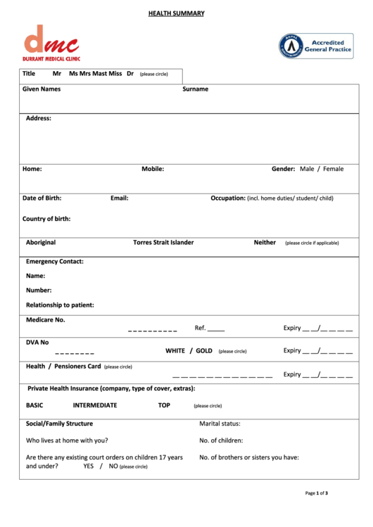 Health Summary Printable pdf