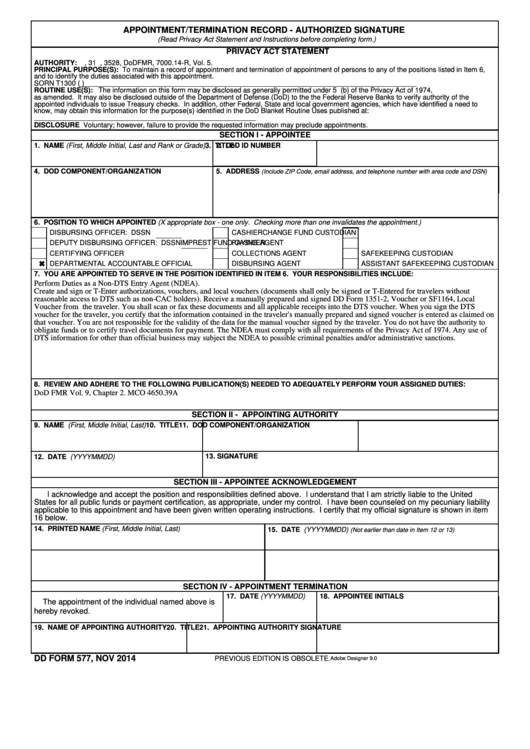 Fillable Dd Form 577 - Appointment/termination Record - Authorized Signature Printable pdf