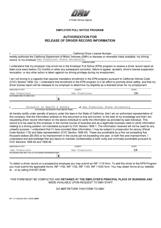 Fillable Form Inf 1101 - Authorization For Release Of Driver Record Information Printable pdf