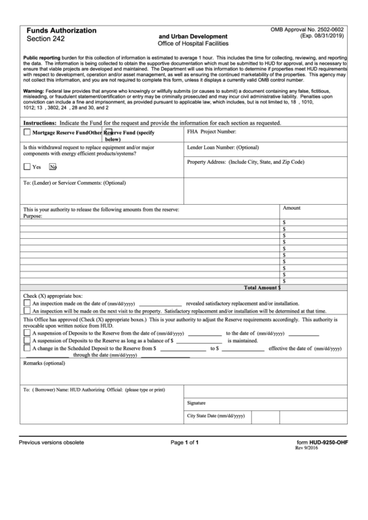 Fillable Form Hud-9250-Ohf - Funds Authorization Section ...