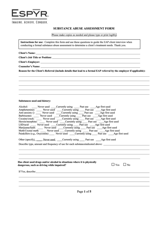 Substance Abuse Assessment Form Printable pdf