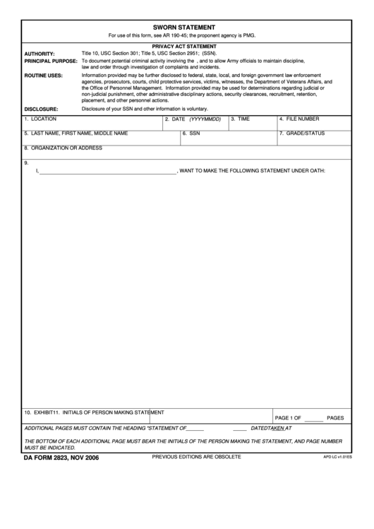 Fillable Da Form 2823 - Sworn Statement Printable pdf