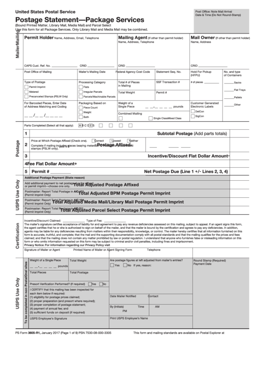 Ps Form 3605-R9 - Postage Statement - Package Services Printable pdf