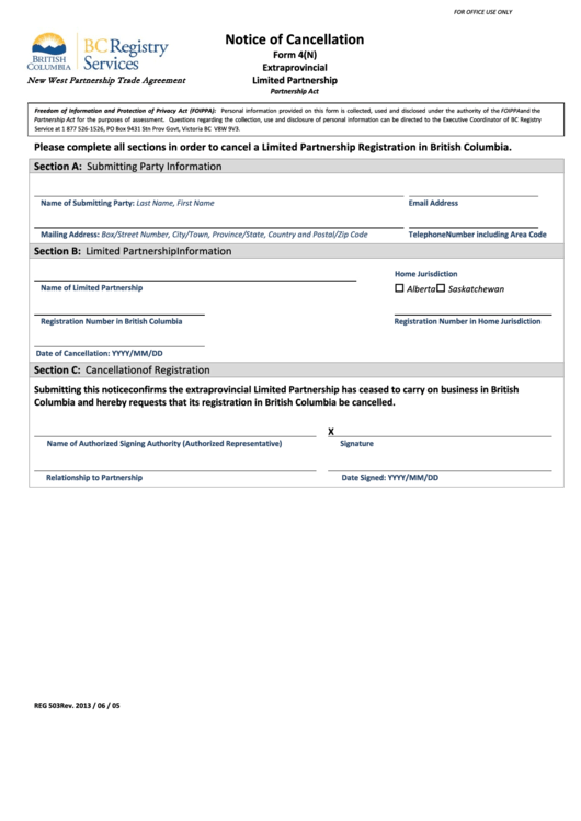 Fillable Form 4(N) - Notice Of Cancellation Extraprovincial Limited Partnership Partnership Act Printable pdf