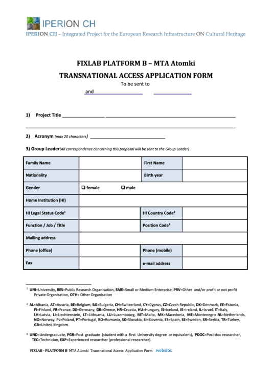 Fixlab Platform B - Mta Atomki Transnational Access Application Form Printable pdf
