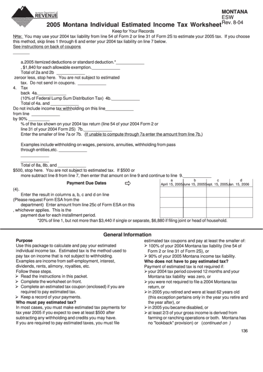 Fillable Form Esw - Montana Individual Estimated Income Tax Worksheet - Montana Dept.of Revenue - 2005 Printable pdf