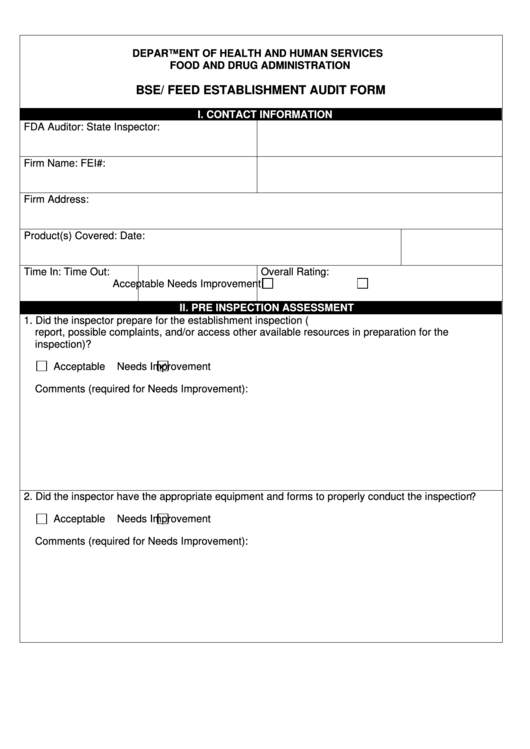 Fillable Bse/ Feed Establishment Audit Form - Department Of Health And Human Services Printable pdf
