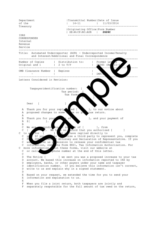 Form 2626c Sample - Automated Underreporter (Aur) - Underreported Income/penalty And Interest/additional And Final Correspondence Printable pdf