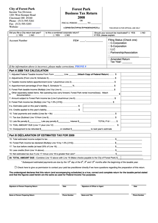 Business Tax Return Form - City Of Forest Park Income Tax Division - 2008 Printable pdf