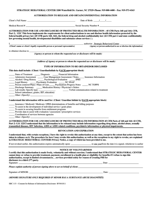 Form Sbc 115 - Authorization To Release And Obtain Confidential Information Printable pdf