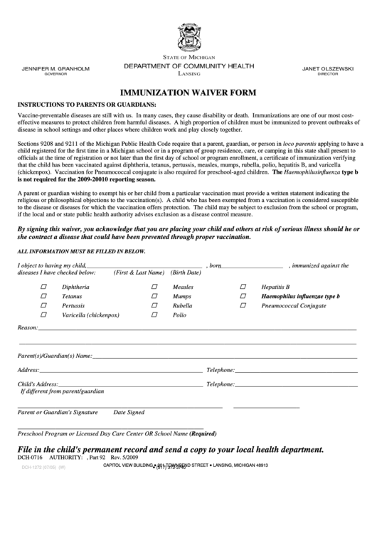 Form Dch-0716 - Immunization Waiver Form Printable pdf