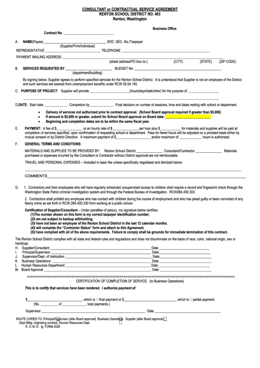 Form 2028 - Consultant Or Contractual Service Agreement Printable pdf