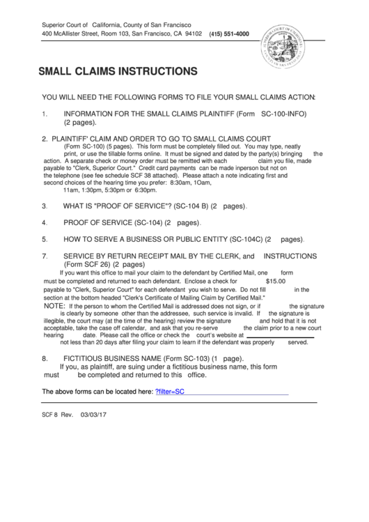 Small Claims Instructions - Superior Court Of California Printable pdf
