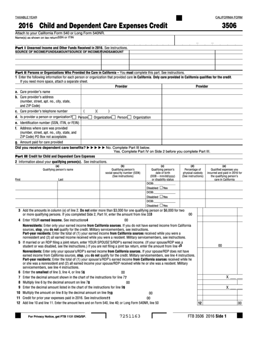 Fillable Form Ftb 3506 - Child And Dependent Care Expenses Credit - 2016 Printable pdf