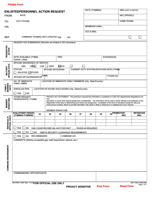 Fillable Form Navpers 1306/7 - Enlisted Personnel Action Request Printable pdf
