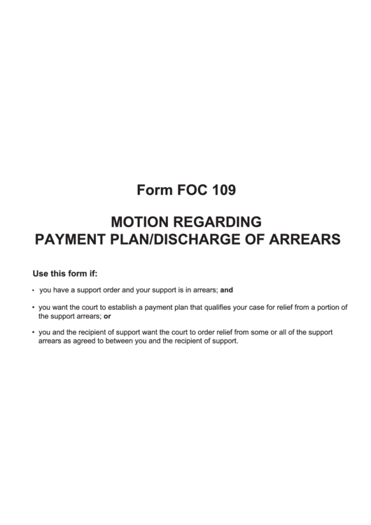 Fillable Form Foc 109 - Motion Regarding Payment Plan/discharge Of Arrears Printable pdf