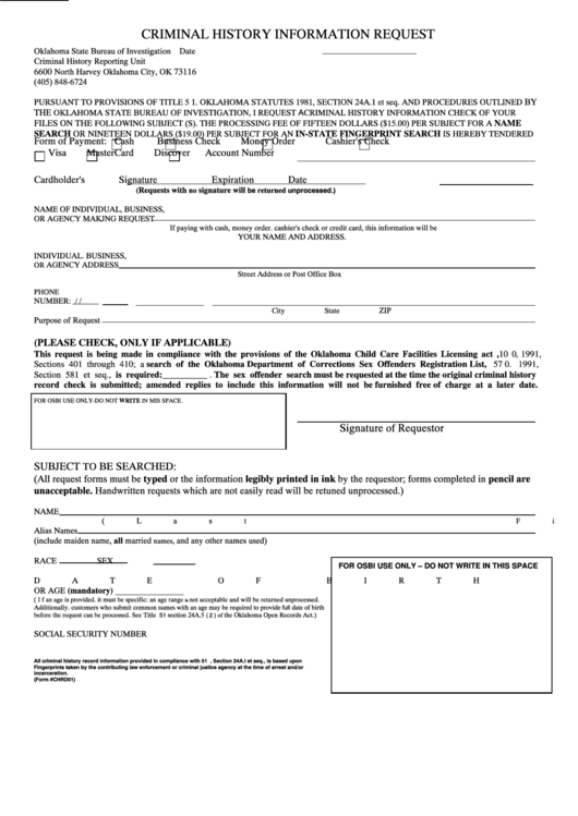 Form Chrd01 - Criminal History Information Request Printable pdf
